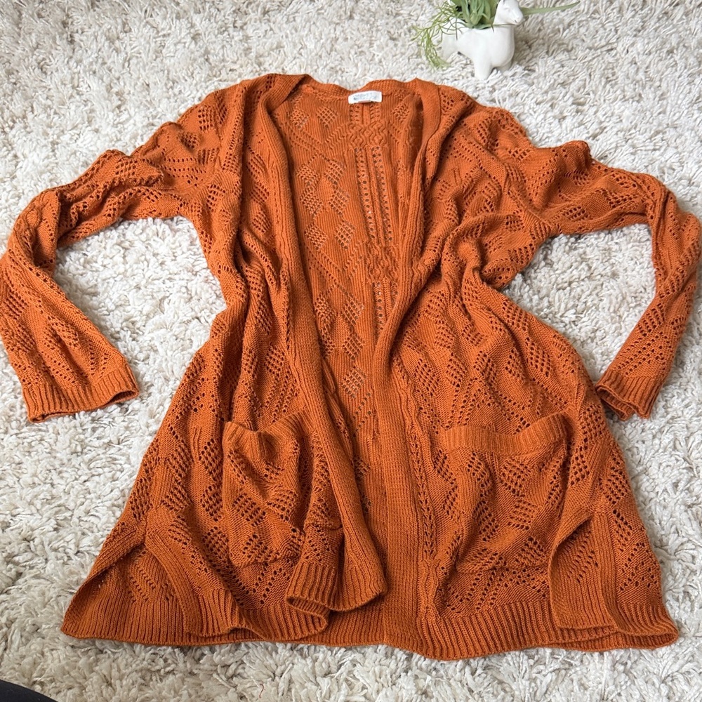 Elegant Open Knit market and spruce orange long Cardigan Sweater - Rust